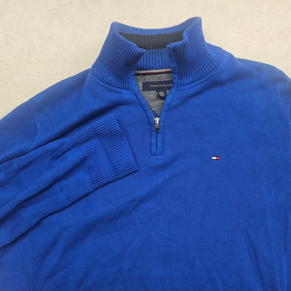 Tommy Hilfiger Mens Royal Blue Quarter Zip Mock Neck Knit Sweater Size Large